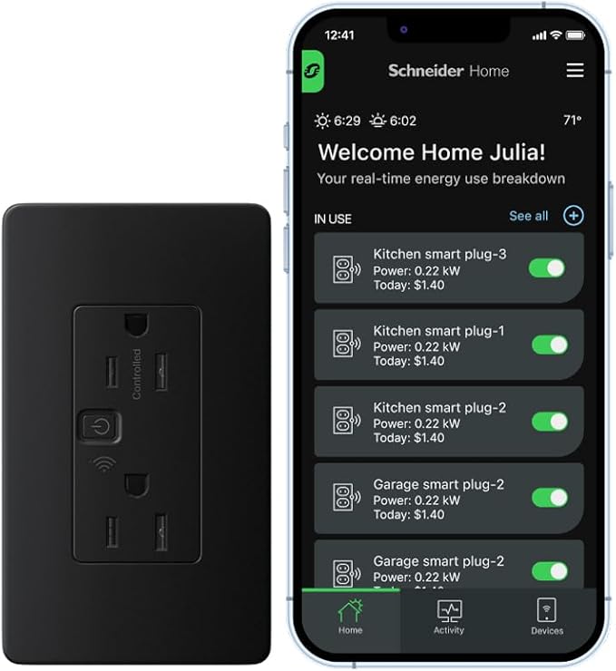 Square D by Schneider Electric X Series 15A 125V Wi-Fi Energy Monitoring Socket Outlet, Tamper Resistant, Matter Certified, Compatible with Alexa, Google Home, Apple Home, Matte Black