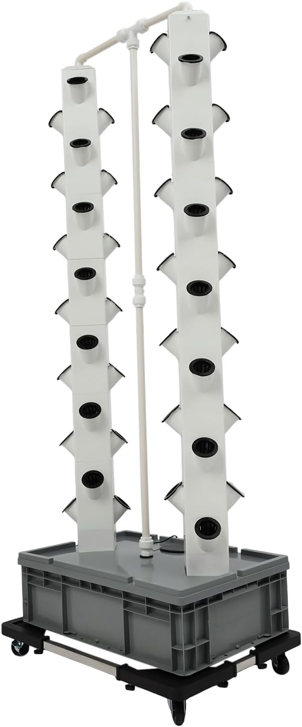 56-Plant Hydroponic Tower Growing System Indoor Outdoor, Garden Vertical Planter Germination Kit with Pump & Wheels, Hydroponics Growing Tower, Smart Vertical Hydroponic Garden Towers, Grey Base
