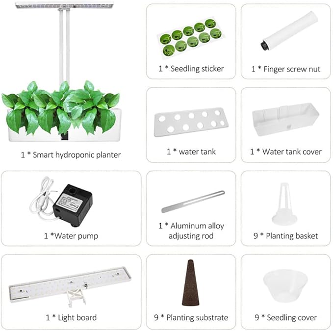 GeRRiT Hydroponics Growing System 9 Pods Indoor Herb Garden Kit with 15W LED Grow Light Automatic Timer Germination Kits Height Adjustable Smart Garden Planter for Home, Kitchen, Gardening
