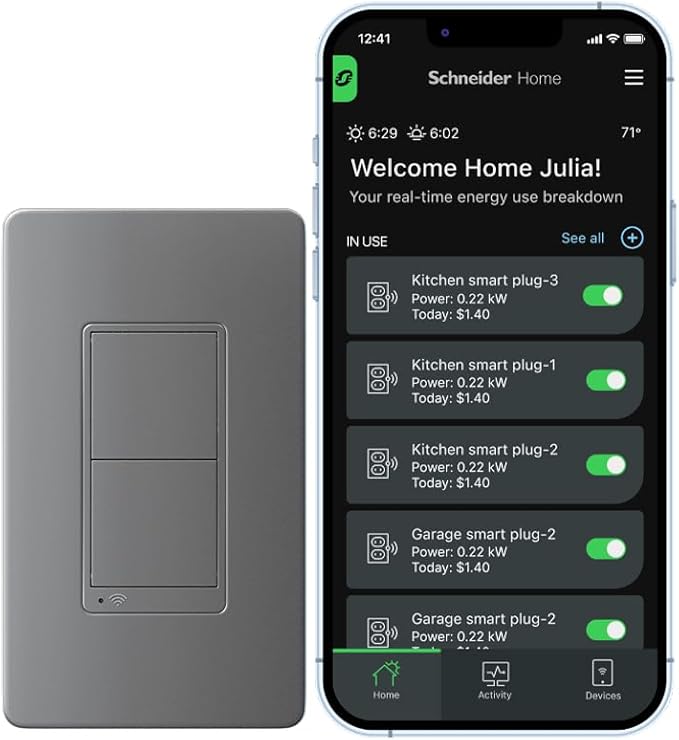 Square D by Schneider Electric X Series 15 Amp WiFi Energy Monitoring Light Switch, Single-Pole/3-way, 600 Watt, Rocker, Matter Certified, Works with Alexa, Google Home, Apple Home, Matte Grey