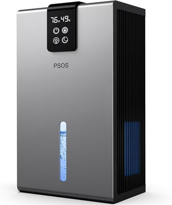 PSOS Dehumidifier, Dehumidifiers for Home, 98 OZ Water Tank, (1000 sq.ft) Quiet Dehumidifier for Basement Bathroom Bedroom with Humidity Display, Auto Shut Off, Relaxing 7 Color Ambient Light(Gray)