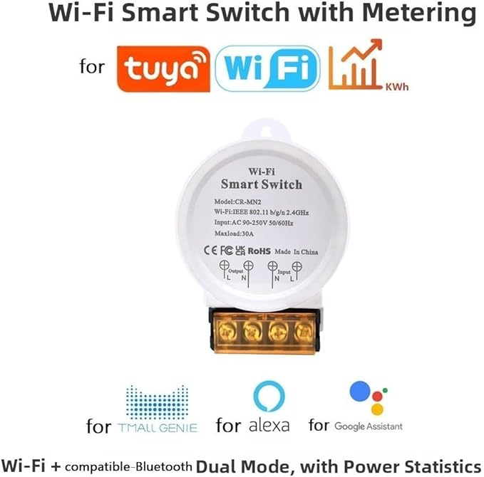 WiFi Smart Relay Switch, WIFI Smart Switch with Energy Meter 30A 90-250V AC, App and Voice Control, for Tuya Smart-Life Assistant, Remote and Timer Functions(white)