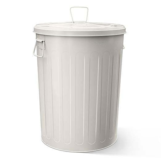 Plexon 20 Gallon Metal Trash Can with Lid Outdoor Large Trash Bin Steel Garbage Can for Garage Patio Farmhouse Bucket Bird Seed Storage Can Heavy Duty Round Container, Beige