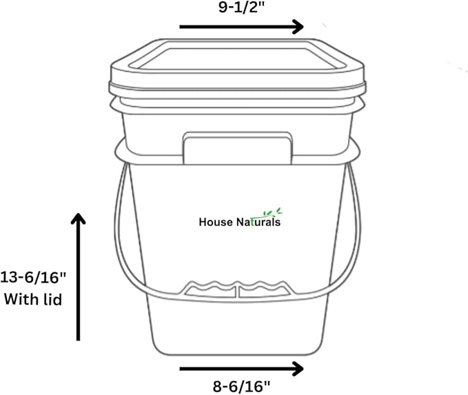 House Naturals 4 Gallon Square Food Grade Bucket Pail with Plastic Handles and Lid (Pack of 3) Made in USA containers (4G SQ Clear - Green lids)