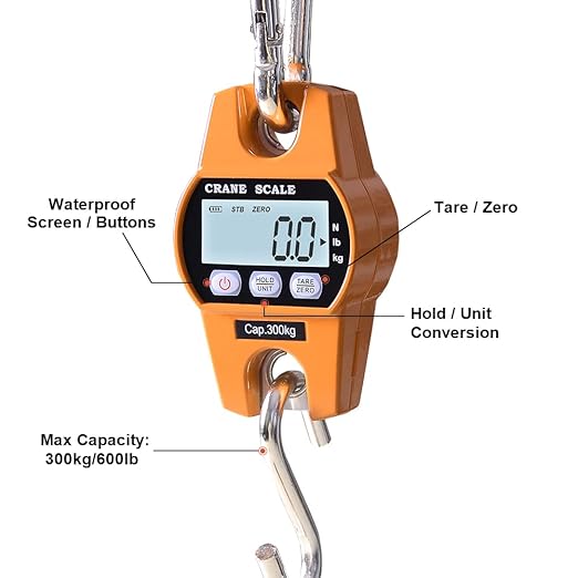 Fuzion Hanging Scale 660lb, Heavy Duty Crane Scale with Large LCD Display, Digital Weight Deer Scale with Hold/Tare for Farms, Hunting, Fishing and Weighing Luggage