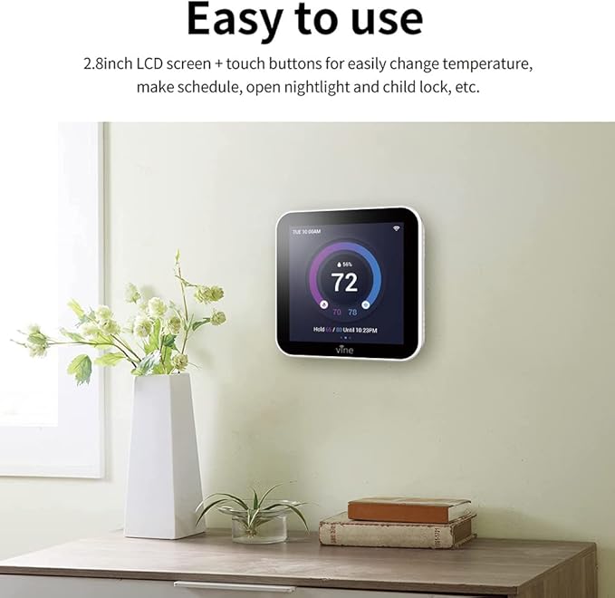 Vine 4 Inches Full Touch Screen TJ-560 Programmable Smart Wi-Fi Thermostat for Home with App Control, Energy Saving, Easy Installation, Compatible with Alexa and Google Assistant, White