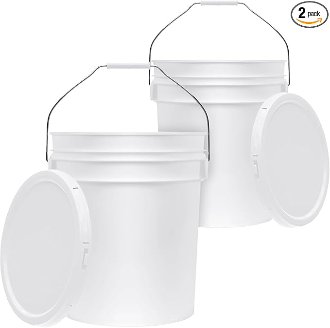 5-Gallon White Bucket Pail Container with Lid | Food Grade | Heavy-Duty 90MIL Extra Durable | Metal Handles with Plastic Grip for Easy Carrying | Multi-Use | Easy Stack and Store | BPA Free - 2 Pack