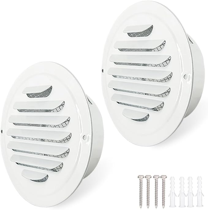 4 Inch Round Air Vent Cover,LouanXpert White Stainless Steel Soffit Vent Cover Louvered Grille Exterior Wall Vent Cover with Built-in Fine Mesh for House, Office,Garage, RV(100mm - 2PCS)