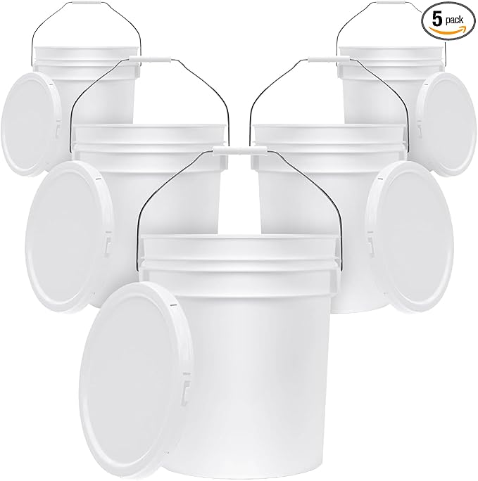 5-Gallon White Bucket Pail Container with Lid | Food Grade | Heavy-Duty 90MIL Extra Durable | Metal Handles with Plastic Grip for Easy Carrying | Multi-Use | Easy Stack and Store | BPA Free - 5 Pack