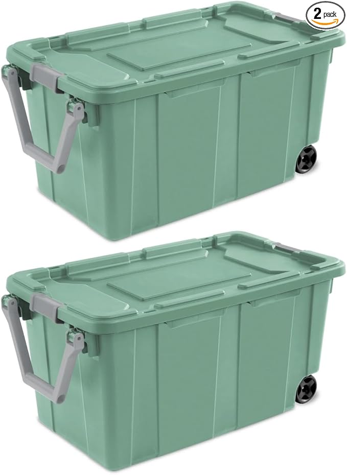 Plastic Storage Bin, 40 Gallon Lidded Stackable Storage Box with Latch Lid, Light Green, 2 Count