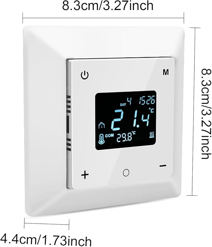 Touchscreen Programmable Thermostat for Electric Floor Heating System, 7-day Timing Settings Backlight LCD Display Safety Lock Automatic Calibration Low Temperature Protection NTC Floor & Air Sensing