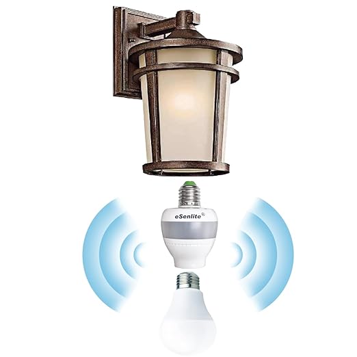 Smart Radar Motion Sensor Light Socket Adapter – E26/E27 Screw-in Add-On, Dusk-to-Dawn, Invisible Radar Through Glass-Wall, Works with LED CFL Incandescent Bulbs （1-Pack）