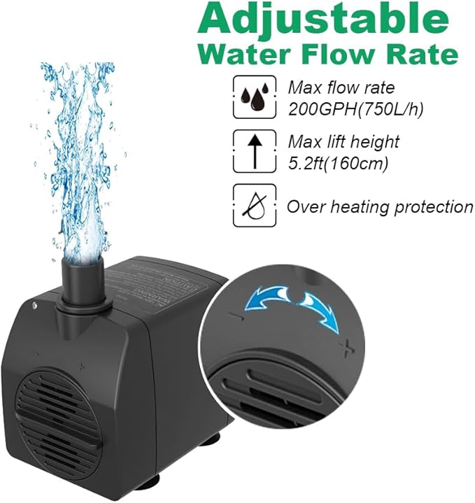 Knifel Submersible Pump 200GPH Ultra Quiet with Over Heating Protection 5.2ft High Lift for Fountains, Hydroponics, Ponds, Aquariums & More…