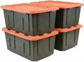 27 Gallon Heavy Duty Storage Container with Lid, Plastic, Durable and reusable, used indoor and outdoor, 20.6" D x 30.6" W x 14.3" H, 4 Pack Or 8 Pack ! (Orange and Camo, 4 Pack)