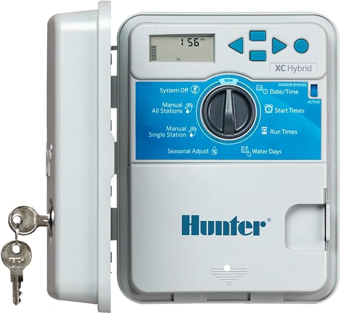 Hunter XC -600 Hybrid Battery Powered Irrigation Controller, 6 Zone Sprinkler Timer, Indoor and Outdoor Use, Waterproof, Programmable Lawn and Garden Watering System