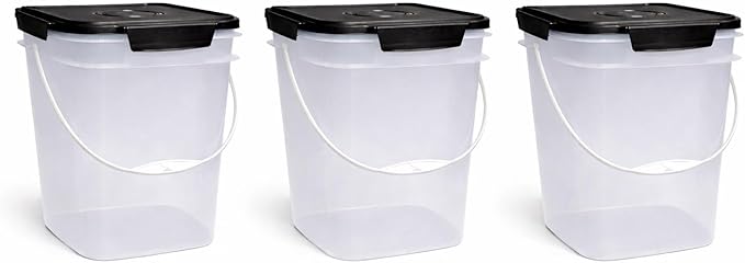 House Naturals 4 Gallon Square Food Grade Bucket Pail with Plastic Handles and Lid (Pack of 3) (Clear - Black lids)