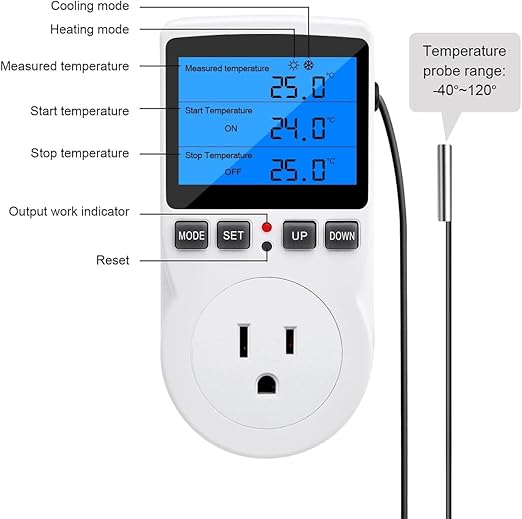 Diymore Plug in Digital Thermostat Temperature Controller Electric Digital Thermostat Heating Cooling Control Mode Timer 2900W 250V 15A Greenhouse Heater with Thermostat Backlit Display