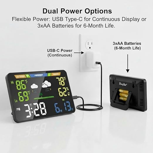 EnvyBox WiFi Weather Station 8.5" LED Display | No App Required, Syncs Weather & Calendar for Home/Office, Dual Power, Privacy Focused, Black