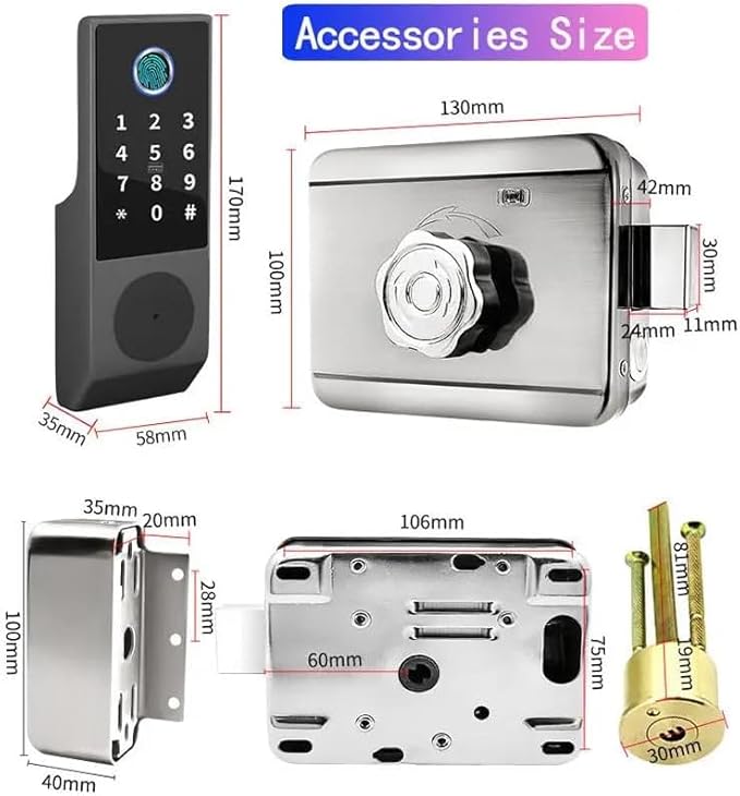 Smart Fingerprint Gate Door Lock – Waterproof Keyless Rim Latch with Tuya App, Passcode Keypad, IC Card & Mechanical Key, Built-in Doorbell, Smart Lock for Outdoor Fence, Yard & Home Security