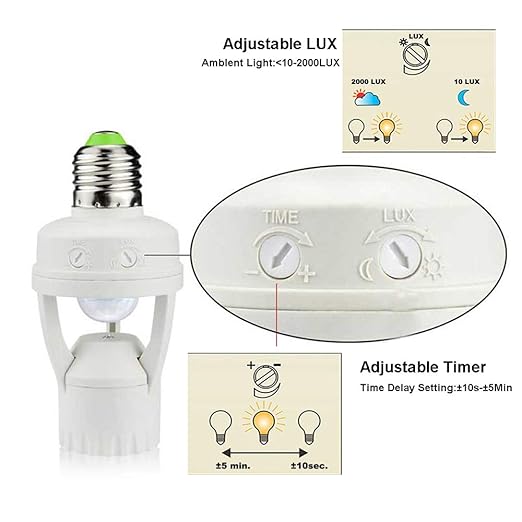 Motion Sensor Light Socket, PIR Motion E26 Screw Bulb Adapter, Adjustable Auto On/Off Night Light Control, Garage Light, for Basement, Pantry Room, Storage Room, Garage Light