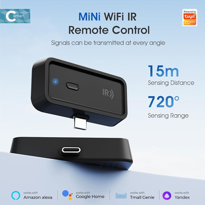 WiFi+IR Mini Smart Home Universal Remote Controller, Compatible with Alexa; USB C Port for IR Appliances,for TV, Fan, DVD, Air Conditioner STB etc.
