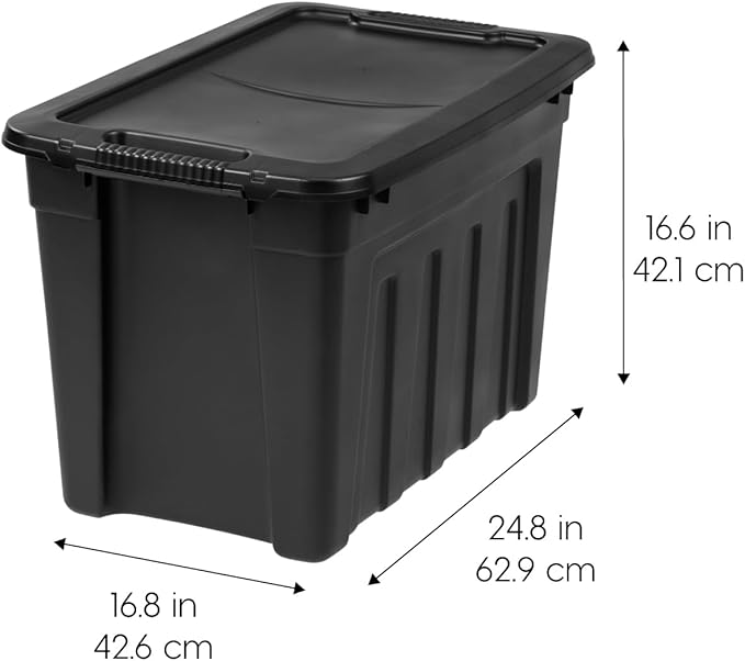 IRIS USA 20 Gallon Heavy Duty Storage Totes with Easy-Grip Handles, 4 Pack - Large Bins with Lids Garage Organizing Tubs, Durable Stackable Utility Containers, Made in USA - Black