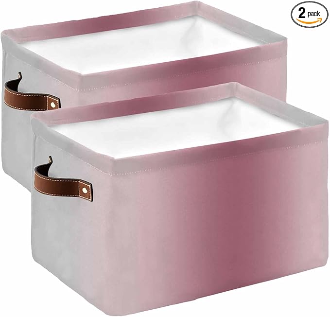 Pink Grey Ombre Storage Bins Cubes Waterproof Cloth Storage Basket, Farmhouse Gradient Minimalist Foldable Storage Bags for Shelf Closet Clothes Storages Organizers with Handles 15x11x9.5 in 2PCS