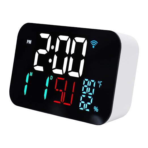 Luqeeg Smart WiFi Digital Clock, Thermometer Humidity Monitor, Weather Station with LED Display, 4 Brightness Levels, Automatic Time Sync & 2 Alarms, Compatible with Tuya Smart App, (#1)