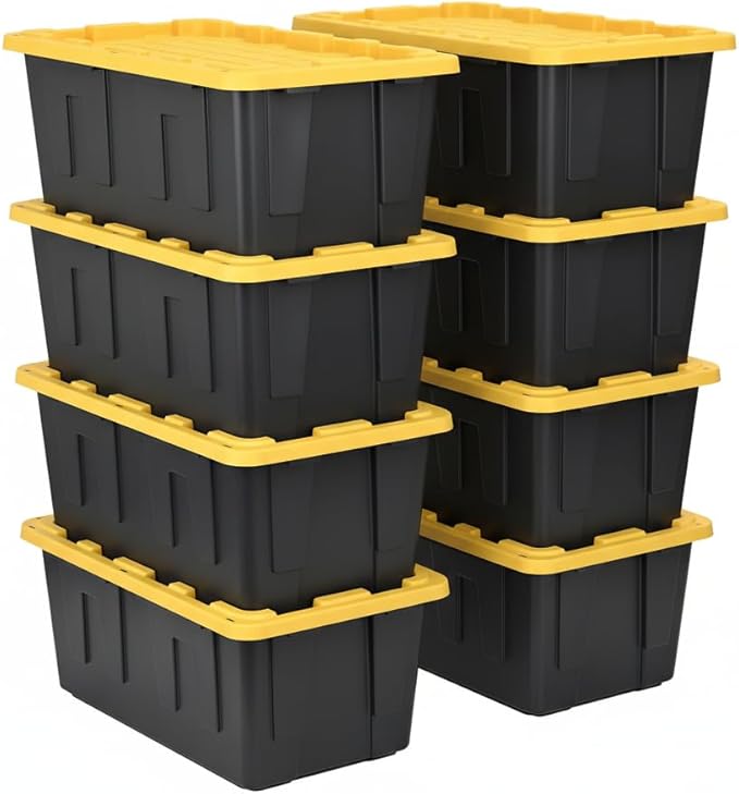 27 Gallon Heavy Duty Storage Container with Lid, Plastic, Durable and reusable, used indoor and outdoor, 20.6" D x 30.6" W x 14.3" H, 4 Pack Or 8 Pack ! (Yellow and Black, 8 Pack)