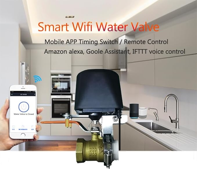 WiFi Smart Water Valve, WiFi Control Automatic Shut Off Valve Timer for Watering Sprinkler and Gas Compatible with Alexa, Google (EU)