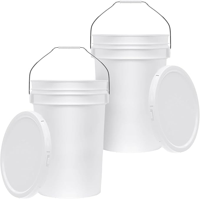 6.5-Gallon White Bucket Pail Container with Lid | Food Grade | Heavy-Duty 90MIL Extra Durable | Metal Handles with Plastic Grip for Easy Carrying | Multi-Use | Easy Stack and Store | BPA Free - 2 Pack