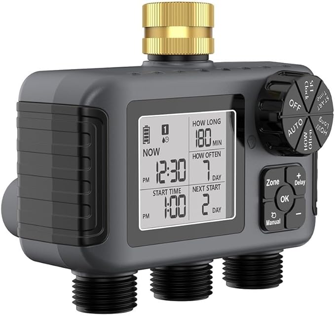Automatic Garden Watering Timer with 3 Independent Valves Rain Delay and Adjustable Schedule IPX5 Waterproof Irrigation Controller for Lawn Plants Outdoor