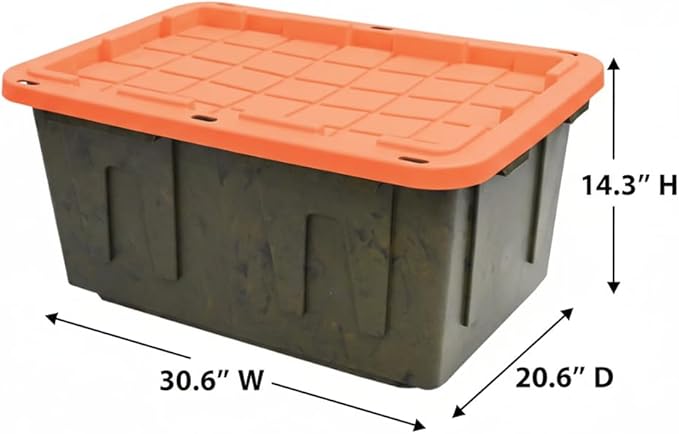 27 Gallon Heavy Duty Storage Container with Lid, Plastic, Durable and reusable, used indoor and outdoor, 20.6" D x 30.6" W x 14.3" H, 4 Pack Or 8 Pack ! (Orange and Camo, 8 Pack)