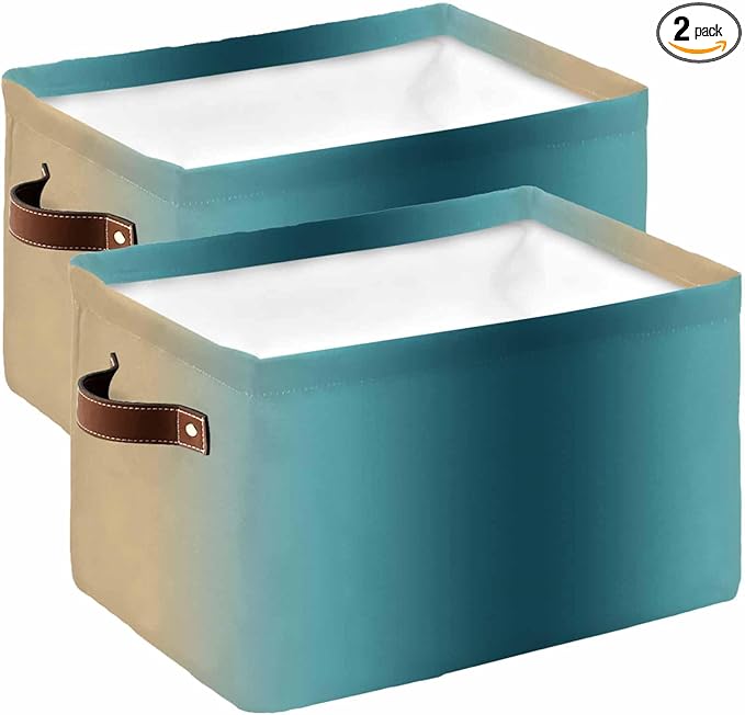 Turquoise Yellow Ombre Storage Bins Cubes Waterproof Cloth Storage Basket,Farmhouse Modern Gradient Art Foldable Storage Bags for Shelf Clothes Storages Organizers with Handles 15x11x9.5 in 2PCS