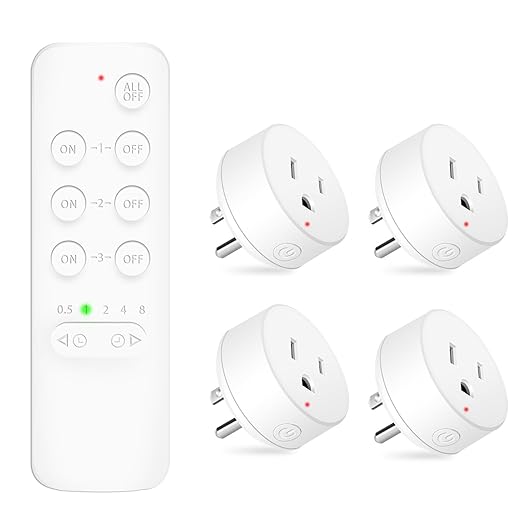 NineLeaf Remote Timer Outlet, Wireless Remote Control Plug Programmable, 500FT Long Range, 15A/1500W Plug in Light Switch, No Wiring Needed for Lamps, Fans, Christmas Lights,1Remote 4Outlets