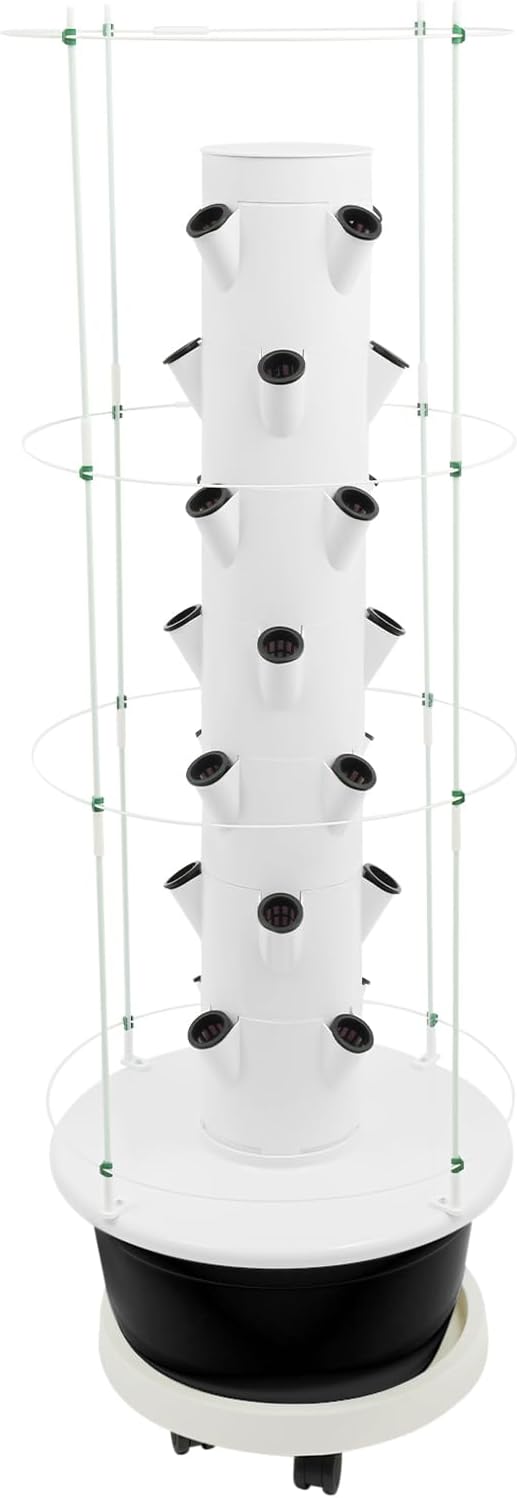 Hydroponic Growing Tower with Climbing Trellis, 30L Water Tank & Automatic Timer, Indoor Outdoor Vertical Garden System for Vegetables Herbs Strawberries (Black - 28 Holes)