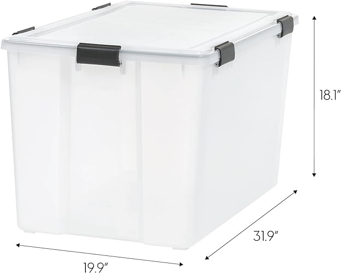 IRIS USA 156 Qt Storage Box with Gasket Seal Lid, BPA-Free, Made in USA - Heavy Duty Moving Containers with Tight Latch, Weather Proof Tote Bin, WEATHERPRO - Clear/Black