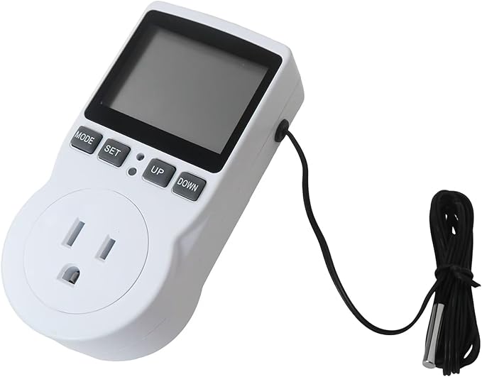 New Digital Plug-in Thermostat Outlet with External Temperature Probe - Energy Saving Controller for Infrared Heaters, for Greenhouse, for Incubator (Timer, Heating/Cooling Mode, 1800W Max)