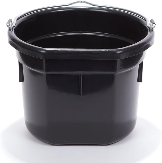 Little Giant® Flat Back Plastic Animal Feed Bucket | Animal Feed Bucket with Metal Handle | Horse Stall Feeding and Watering Supplies (Black, 8 Quart)