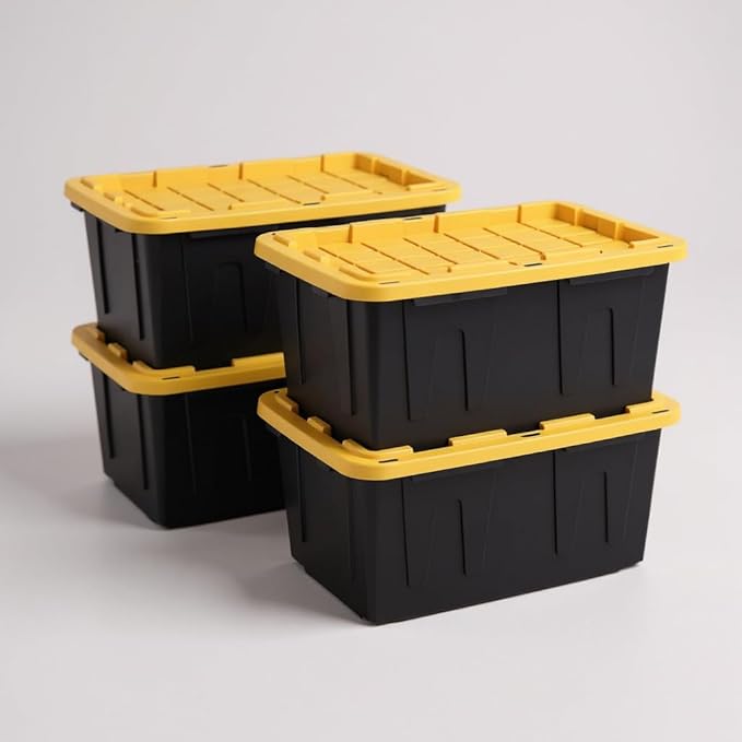 27 Gallon Heavy Duty Storage Container with Lid, Plastic, Durable and reusable, used indoor and outdoor, 20.6" D x 30.6" W x 14.3" H, 4 Pack Or 8 Pack ! (Yellow and Black, 4 Pack)