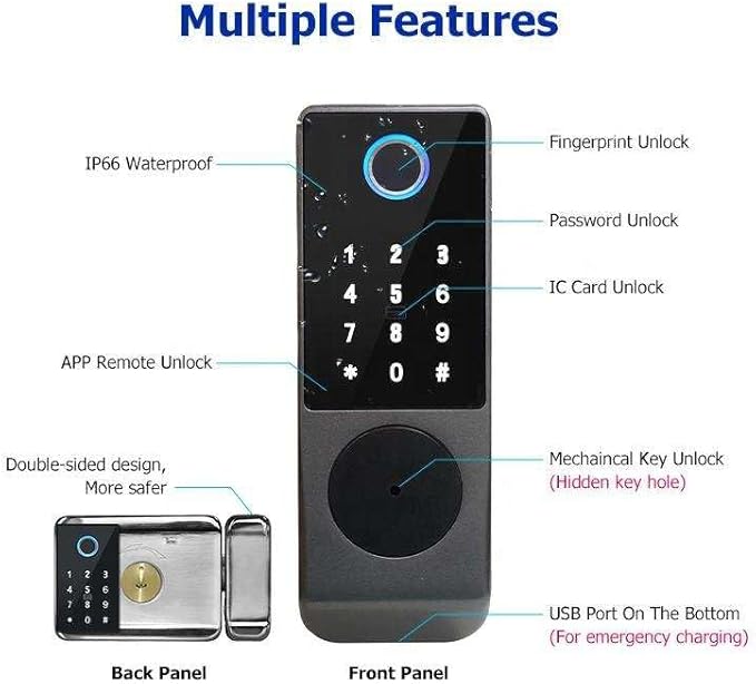 smart latch double gate lock, electronic gate latch for outdoor fence, waterproof keyless smart rim lock, electric double sided keypad locks, Fingerprint, Passcode, Key, IC Card, Tuya App