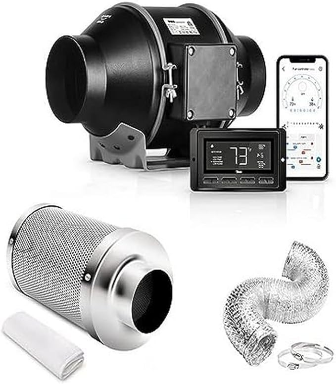 iPower 4 Inch Smart Inline Duct Ventilation Fan, Carbon Filter, 8 Feet Ducting with Temperature Humidity App Control via WiFi, Voice Control with Alexa, for HAVC Hydroponics/Grow Tent