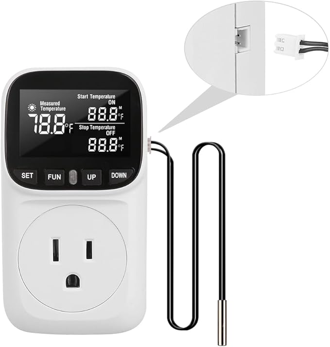Diymore Digital Plug in Thermostat Outlet Temperature Controller Electric Digital Thermostat Heating Cooling Mode Timer Socket 120V Heating Cooling Control 110V 15A Celsius Fahrenheit Display, White