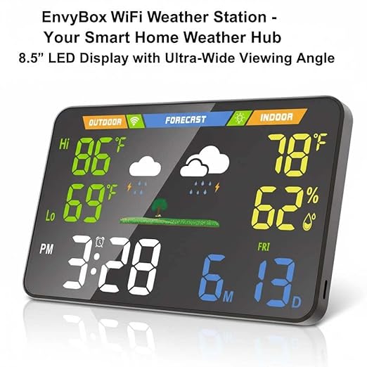 EnvyBox WiFi Weather Station 8.5" LED Display | No App Required, Syncs Weather & Calendar for Home/Office, Dual Power, Privacy Focused, Black