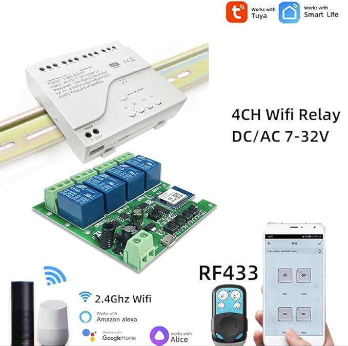 4 Channel WiFi& RF& Bluetooth Smart Dry Contact Relay Switch Module,Phone app Remote/Voice Control,Timer,Compatible with Alexa. (7-32V/USB 5V)