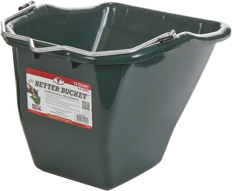 Little Giant® Plastic Better Bucket | Horse Feed Pail | Ergonomically Designed | Flat Back Bucket | Made in USA | 10 Quarts | Green