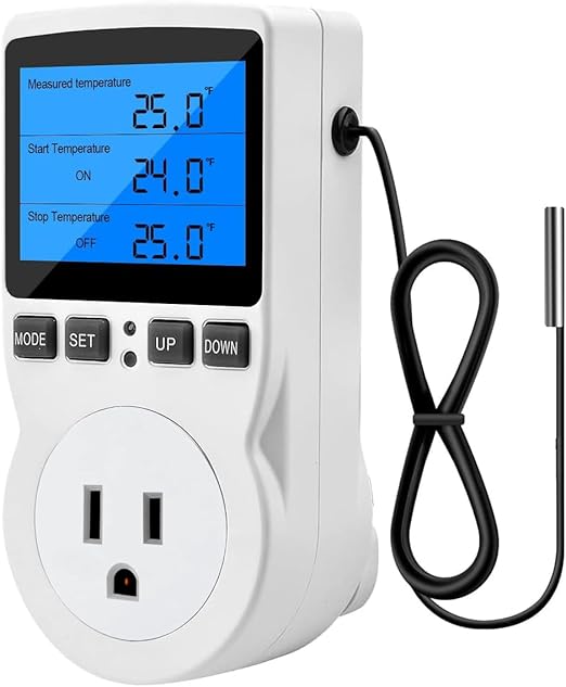 Diymore Plug in Digital Thermostat Temperature Controller Electric Digital Thermostat Heating Cooling Control Mode Timer 2900W 250V 15A Greenhouse Heater with Thermostat Backlit Display