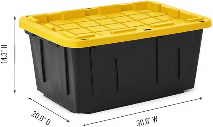 27 Gallon Heavy Duty Storage Container with Lid, Plastic, Durable and reusable, used indoor and outdoor, 20.6" D x 30.6" W x 14.3" H, 4 Pack Or 8 Pack ! (Yellow and Black, 4 Pack)