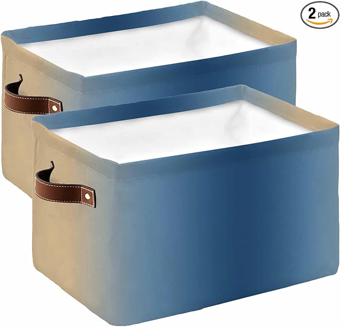 Navy Blue Yellow Ombre Storage Bins Cubes Waterproof Cloth Storage Basket,Farmhouse Modern Gradient Art Foldable Storage Bags for Shelf Clothes Storages Organizers with Handles 15x11x9.5 in 2PCS