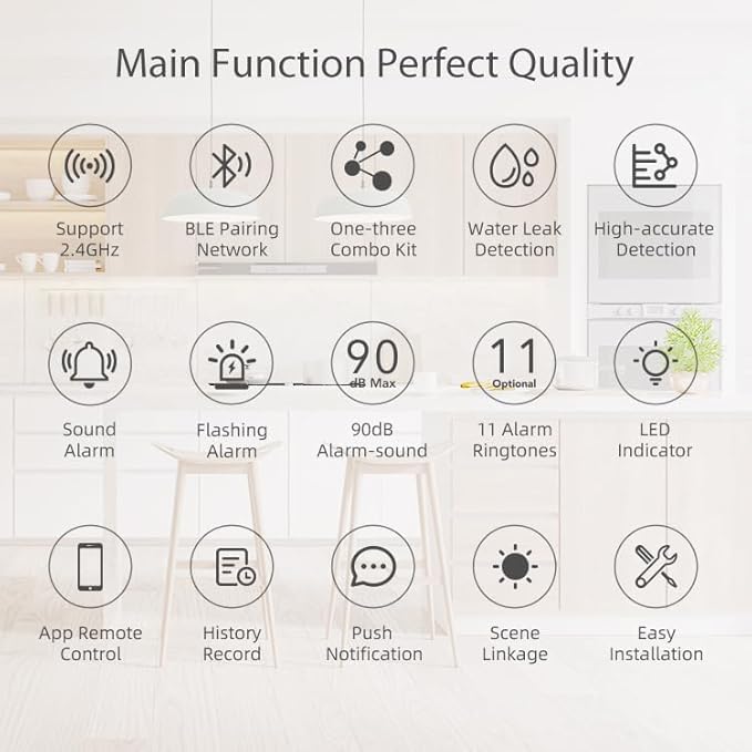 Micmi Smart Water Leak Detector Kit, WiFi Water Sensor Alarm Ultra-Long Range, SMS/APP/Email Alerts, 3 Water Sensors and 1 Base Station, Suit for Home/Basement/Kitchen/Laundry